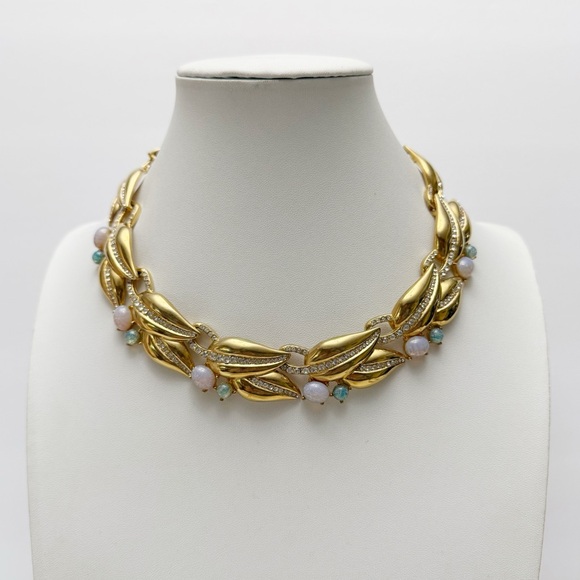 Vintage Foiled Faux Opal Glass Cabochon Rhinestone Leaf Necklace & Bracelet Set - Picture 2 of 16